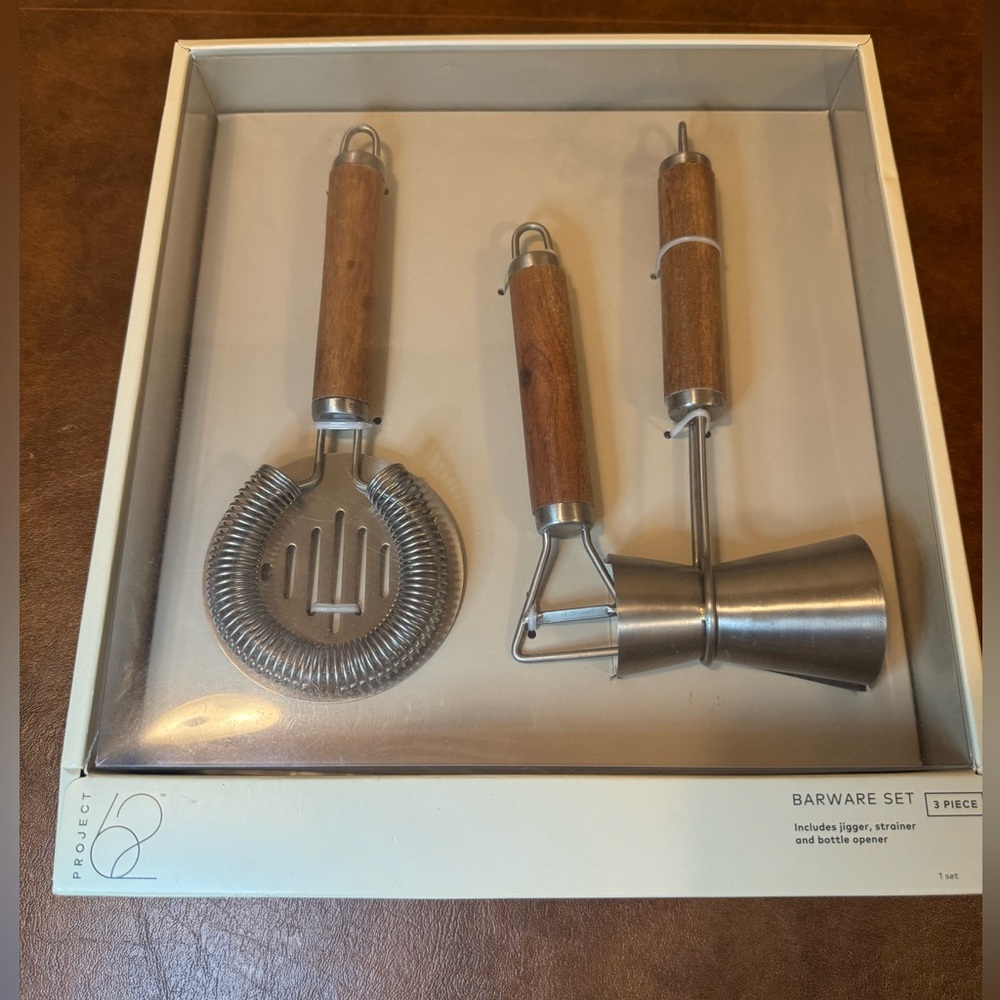 NWT Project 62 Barware set. Includes jigger, strainer and bottle opener.